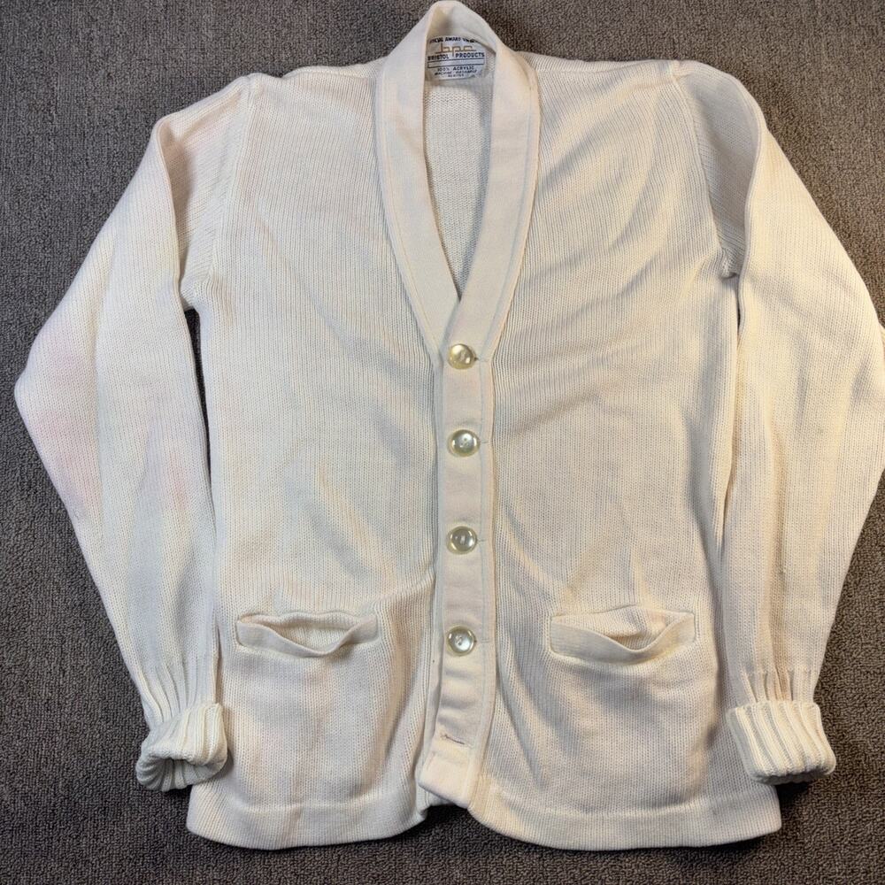 Vintage Bristol Products White Shawl Collar Cardigan Sweater USA 18x26